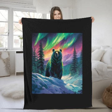Discover Bear Pet Aurora Wilderness Bear Graphic Northern Lights Wilderness Fleece Blankets