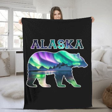 Discover Alaskan Bear Northern Lights Aurora Borealis Nature Sky Fleece Blankets
