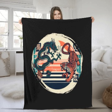Discover Dragon Pet Japanese Dragon Folklore Tiger Fighting Fleece Blankets