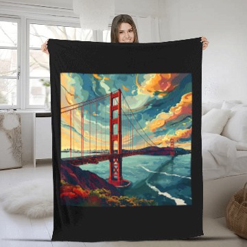 Discover Golden Gate Bridge Sky Colorful Illustration Graphic Zip Fleece Blankets
