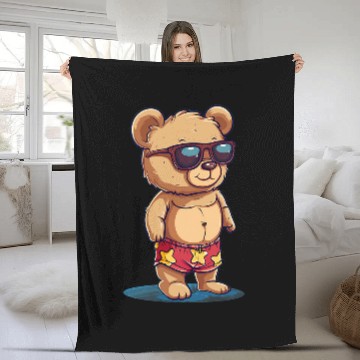 Discover Bear Pet Funny Vacation Bear in swimming trunks Outfit Fleece Blankets
