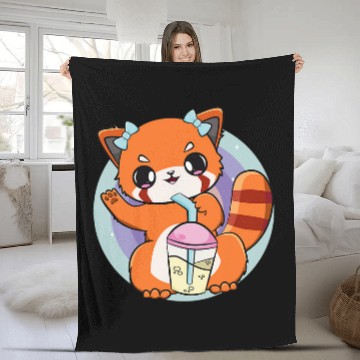 Discover Panda Pet Chibi Red Panda With Boba Tea Bubble Otaku Cute Anime Bear 1 Fleece Blankets
