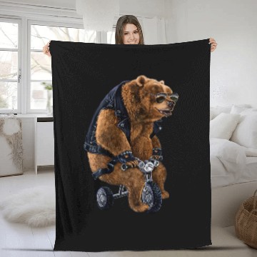 Discover Bear Pet Punk Rock Grizzly Bear Riding a Mini Tricycle Fleece Blankets