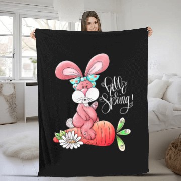 Discover Hello Spring Easter Bunny Rabbit Messy Bun Carrot Easter Day Fleece Blankets