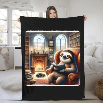 Discover Sloth Pet Reading In A Cozy Library With A Cat Fireplace Books Fleece Blankets