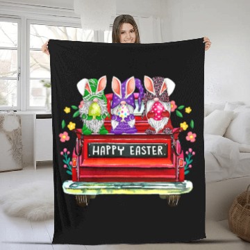 Discover Cute Gnomes with Bunny Ears Egg Hunting Truck Happy Easter Fleece Blankets