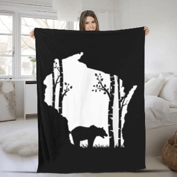 Discover Bear Pet Brown Grizzly Bear Hunting Wisconsin map Hunter Fleece Blankets