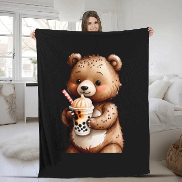 Discover Bear Pet Cute Bear Drinking Boba Bubble Milk Tea Kawaii Animal Lovers Fleece Blankets