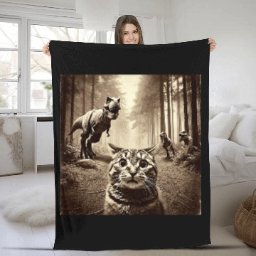 Discover Funny Last Selfie Of Cat Before TRexs Attack Hilarious Cat Fleece Blankets