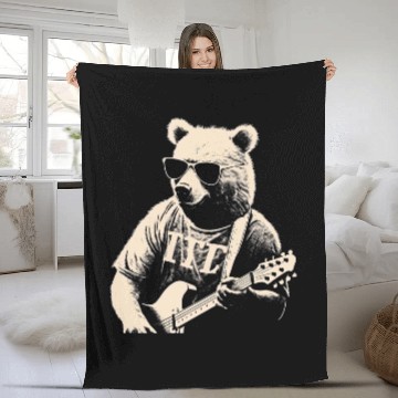 Discover Bear Pet playing electric guitar cool Stencil Punk Rock 2 Fleece Blankets