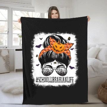 Discover Librarian Job Messy Bun Spooky Pumpkin Orange Halloween Fleece Blankets