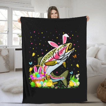Discover Easter Speckled Brook Trout Fish Bunny Ears Fishing Basket Fleece Blankets