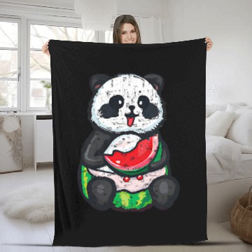 Discover Panda Pet Kawaii Panda Eating Watermelon Grunge Fleece Blankets