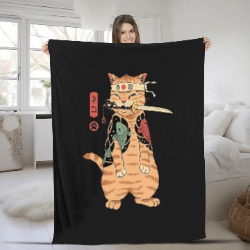 Discover Japanese Samurai Cat Katana Ninja Kitty Tattoo Style Zip Fleece Blankets