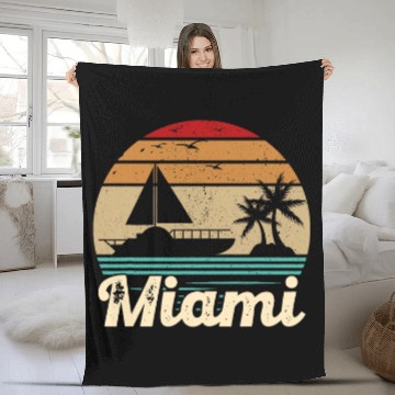 Discover Miami Florida vintages Retro Palm Trees Beach Summer Surf Fleece Blankets