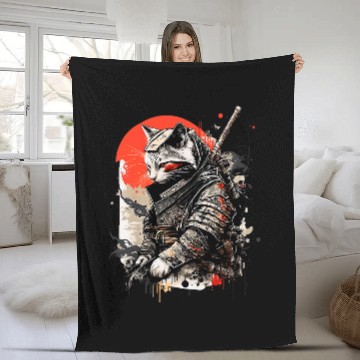 Discover Samurai Cat Japanese Tattoo Kawaii Graphic Fleece Blankets