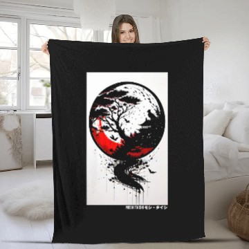 Discover Japanese Tree Red Moon With Birds Flying in background Graph 2 Fleece Blankets