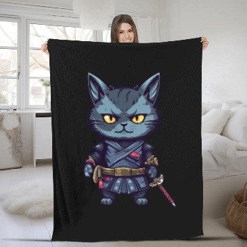 Discover Japanese Samurai Cat Tattoo Kawaii Ninja Cat 30 Fleece Blankets