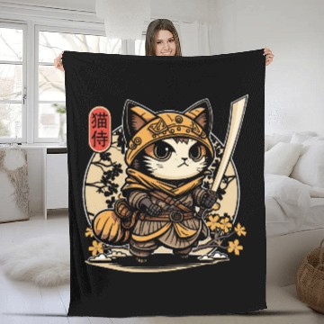 Discover Japanese Samurai Cat Tattoo, Kawaii Ninja Cat Fleece Blankets