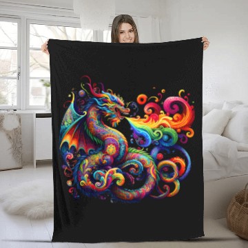Discover Dragon Pet Vibrant Paisley Dragon Breathing Rainbow Flame Fleece Blankets