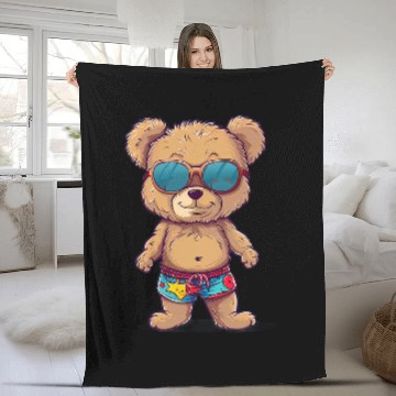 Discover Bear Pet Happy Teddy Bear with cool Sunglasses and swimming trunks Baseball Tees Fleece Blankets