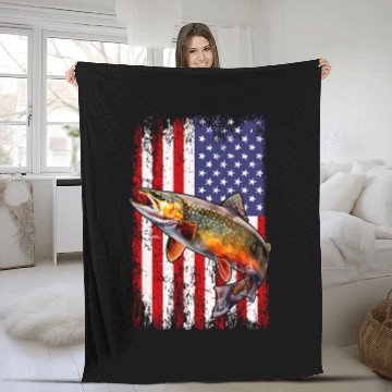 Discover Speckled Brook trout American flag Fishing Fleece Blankets