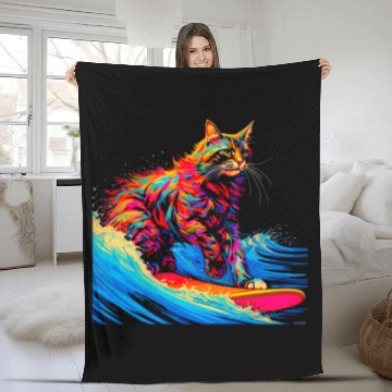Discover Surfing Maine Coon Cat Surf Fleece Blankets