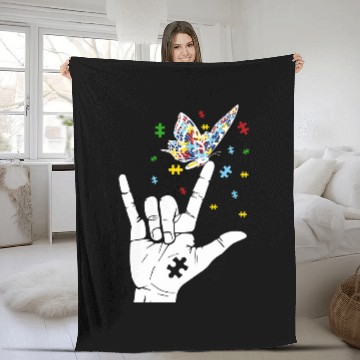 Discover Autism Awareness I Love You Hand Sign Language Butterfly Baseball Tees Fleece Blankets