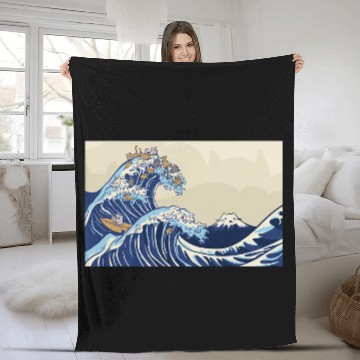 Discover Surf Life Cute Cat Japanese Surfing Great Wave Fleece Blankets