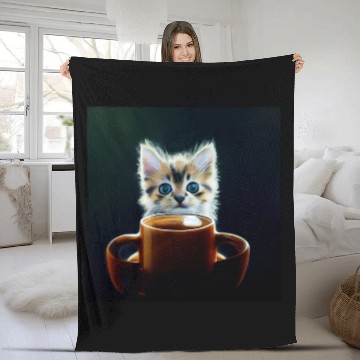 Discover Coffee Fun Little kitten with coffee mug cat mom or dad AI designed Baseball Tees Fleece Blankets