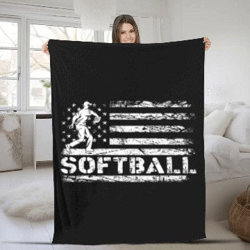 Discover American Softball Flag Batter Girls Softball game day Baseball Tees Fleece Blankets