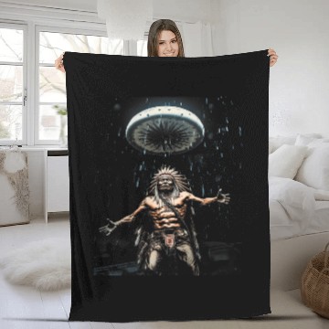 Discover Alien UFO Native American Indian Encounter Graphic Art 1 Fleece Blankets