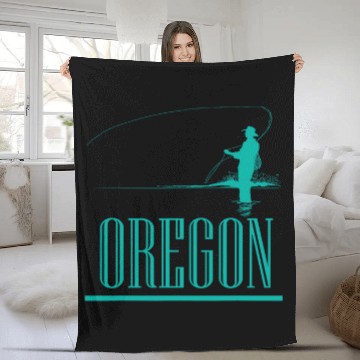 Discover Oregon Fly Fishing Fisherman Graphic Fleece Blankets
