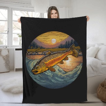 Discover Mountain Sunset Brook Trout Nature for a fisherman Fleece Blankets
