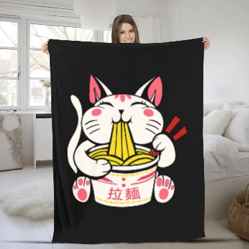 Discover Cute Funny Cat Eating Ramen Noodles Fleece Blankets