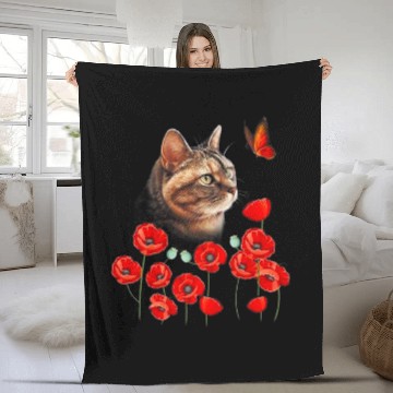 Discover Cat Kitten Butterfly Poppies Flower Spring Lover Zip Fleece Blankets