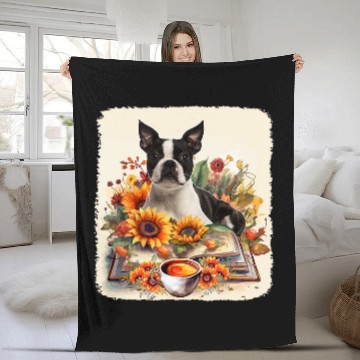 Discover Boston Terrier Reading Books Sunflowers With Coffee Lover Zip Fleece Blankets