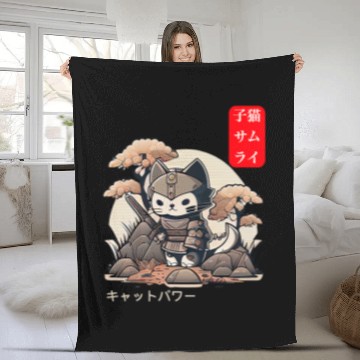 Discover Cool Warrior Cat in Samurai Ninja Armor Japanese Art Anime Fleece Blankets