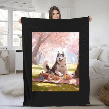 Discover Husky Cherry Blossom Funny Dog Picnic Fleece Blankets