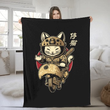 Discover Japanese Samurai Cat on Motorcycle Kawaii Ninja Cat 22 Fleece Blankets