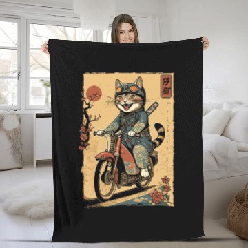 Discover Japanese Samurai Cat on Motorcycle Kawaii Ninja Cat 24 Fleece Blankets