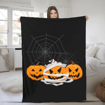 Discover Three Halloween Pumpkins Jack O Lantern Faces Spider Web Fleece Blankets