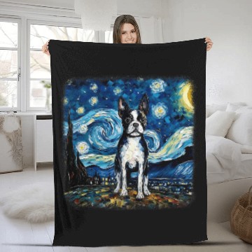 Discover Dog in starry night van gogh Boston Terrier Fleece Blankets