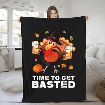 Discover turkey pumpkin thanksgiving drinking beer time to get basted Fleece Blankets