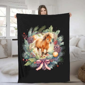 Discover Christmas wreath design with Holly bow Shetland pony Fleece Blankets