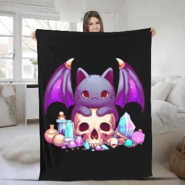 Discover Goth art Kawaii cat and skull Fleece Blankets