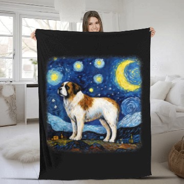 Discover Dog in starry night van gogh Saint Bernard Fleece Blankets