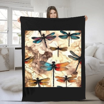 Discover Pretty Dragonflies On An Alcohol Ink Abstract Background Fleece Blankets