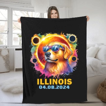 Discover Illinois Total Solar Eclipse 2024 Golden Retriever Colorful Fleece Blankets