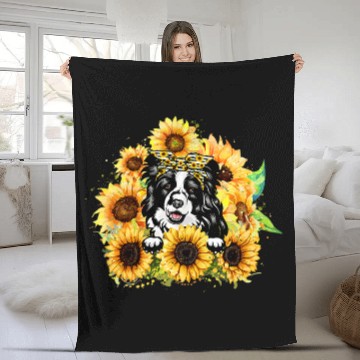 Discover Funny Border Collie With Sunflowers Dog Lovers Fleece Blankets